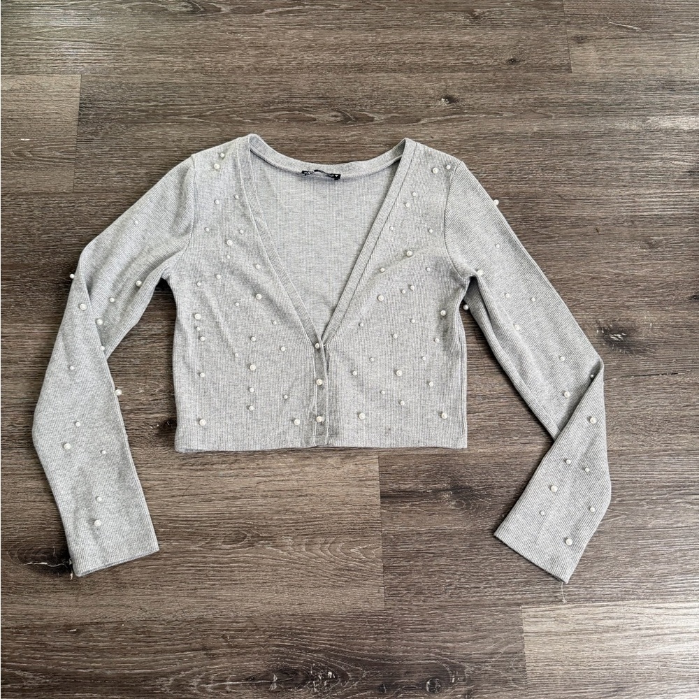 Zara Gray Pearl-Studded Crop Top